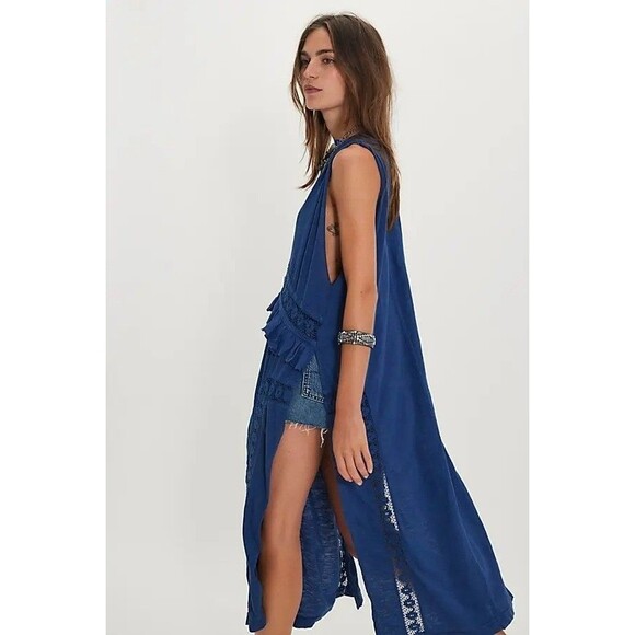 Free People Willow Maxi Top Cochet Lace Ruffle Cotton Jersey Blue S New 283791 - Picture 3 of 9